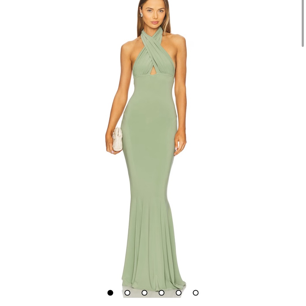 Revolve Norma Kalami cross halter green gown